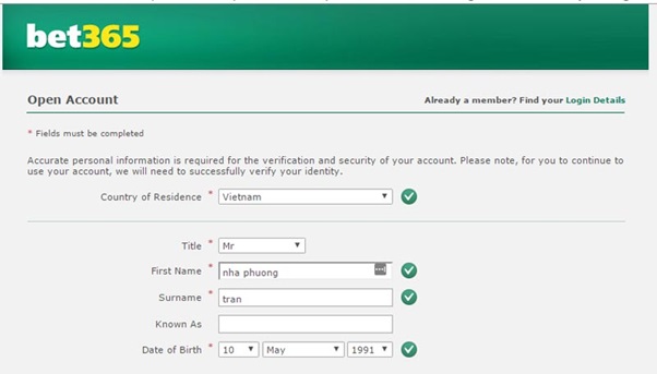 Điền thông tin đăng ký bet365